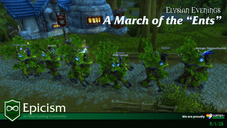 Elysian Evenings: A March of Ents. A group of players walking tree mounts through the forest.