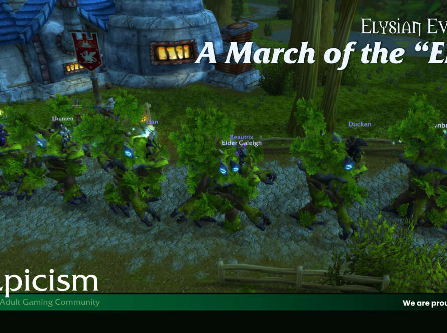 Elysian Evenings: A March of Ents. A group of players walking tree mounts through the forest.